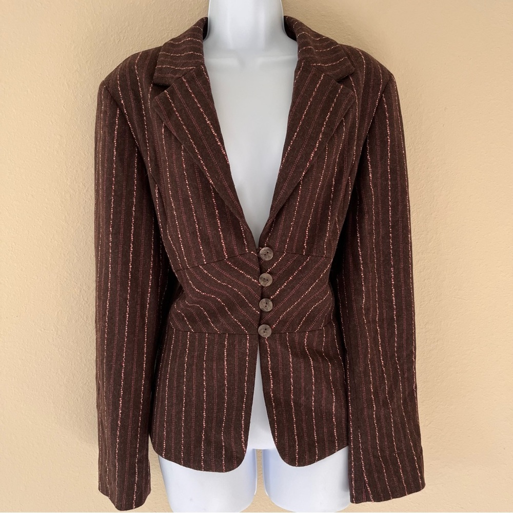 J. Jill Y2K Vintage Blazer Size 12 Brown Pink Pinstripe Wool Office Career